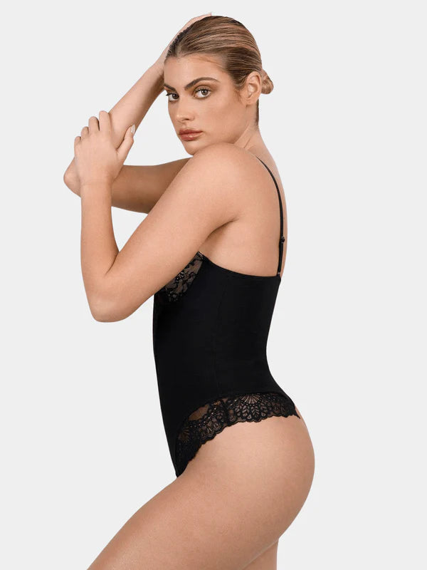 Bodysuit à col en V et demi-dentelle