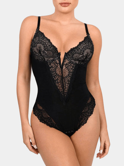 Bodysuit à col en V et demi-dentelle